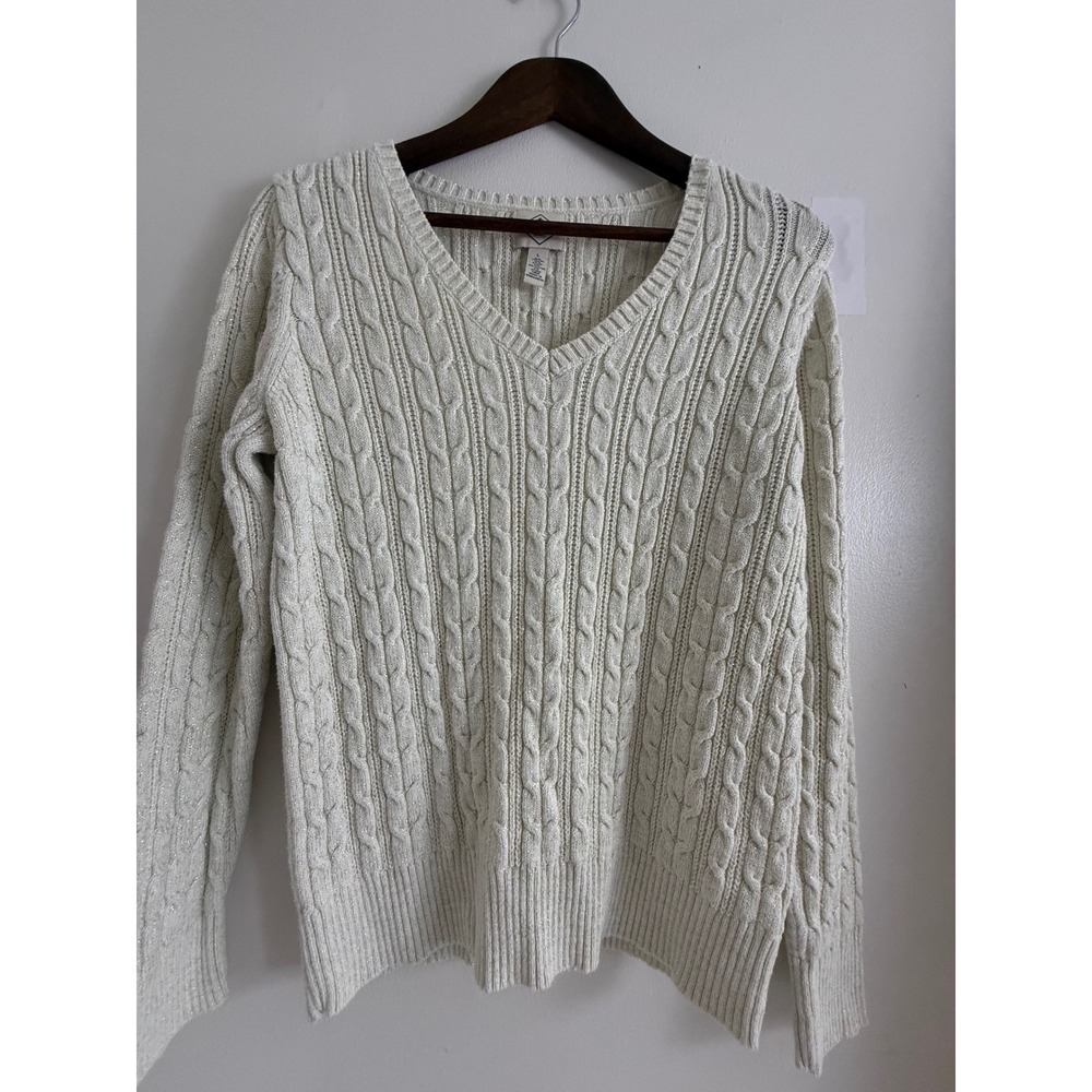 St Johns Bay Womens Cream Silver Metallic Cable Knit V-Neck Sweater Large